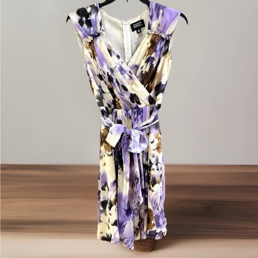 Adrianna Papell Dress Abstract 2P Petite Purple Brown Ivory Black Sash Pleated